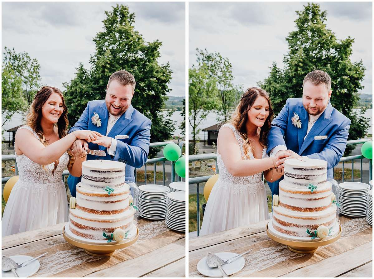 Hochzeitsfotograf Bochum Sommerhochzeit Corona draussen freie Trauung Kemnader See Seeblick Bochum Hochzeitstorte