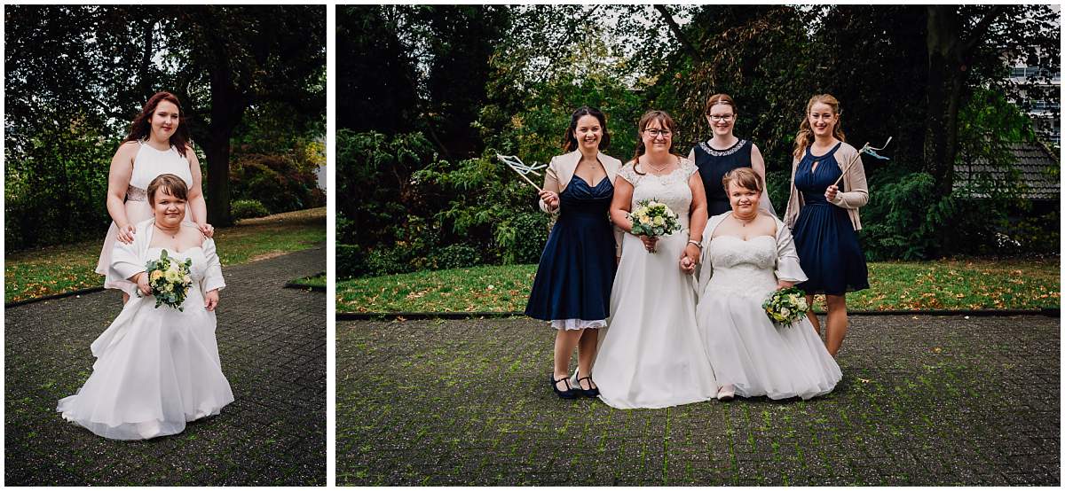 Hochzeitsfotograf Dinslaken Lesbische Hochzeit Frauenhochzeit gleichgeschlechtliche Ehe Dorfkirche Hiesfeld Dinslaken Kirche Gruppenfotos