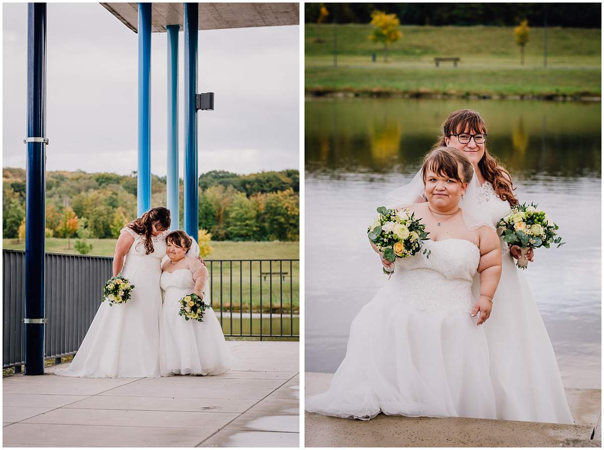 Hochzeitsfotograf Dinslaken Lesbische Hochzeit Frauenhochzeit gleichgeschlechtliche Ehe Brautpaarfotos zwei Bräute Bergpark Lohberg Dinslaken