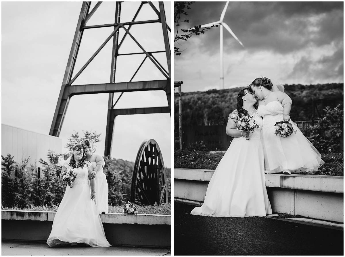 Hochzeitsfotograf Dinslaken Lesbische Hochzeit Frauenhochzeit gleichgeschlechtliche Ehe Brautpaarfotos zwei Bräute Bergpark Lohberg Dinslaken