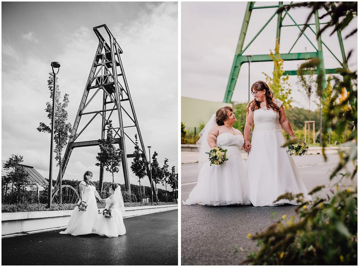 Hochzeitsfotograf Dinslaken Lesbische Hochzeit Frauenhochzeit gleichgeschlechtliche Ehe Brautpaarfotos zwei Bräute Bergpark Lohberg Dinslaken