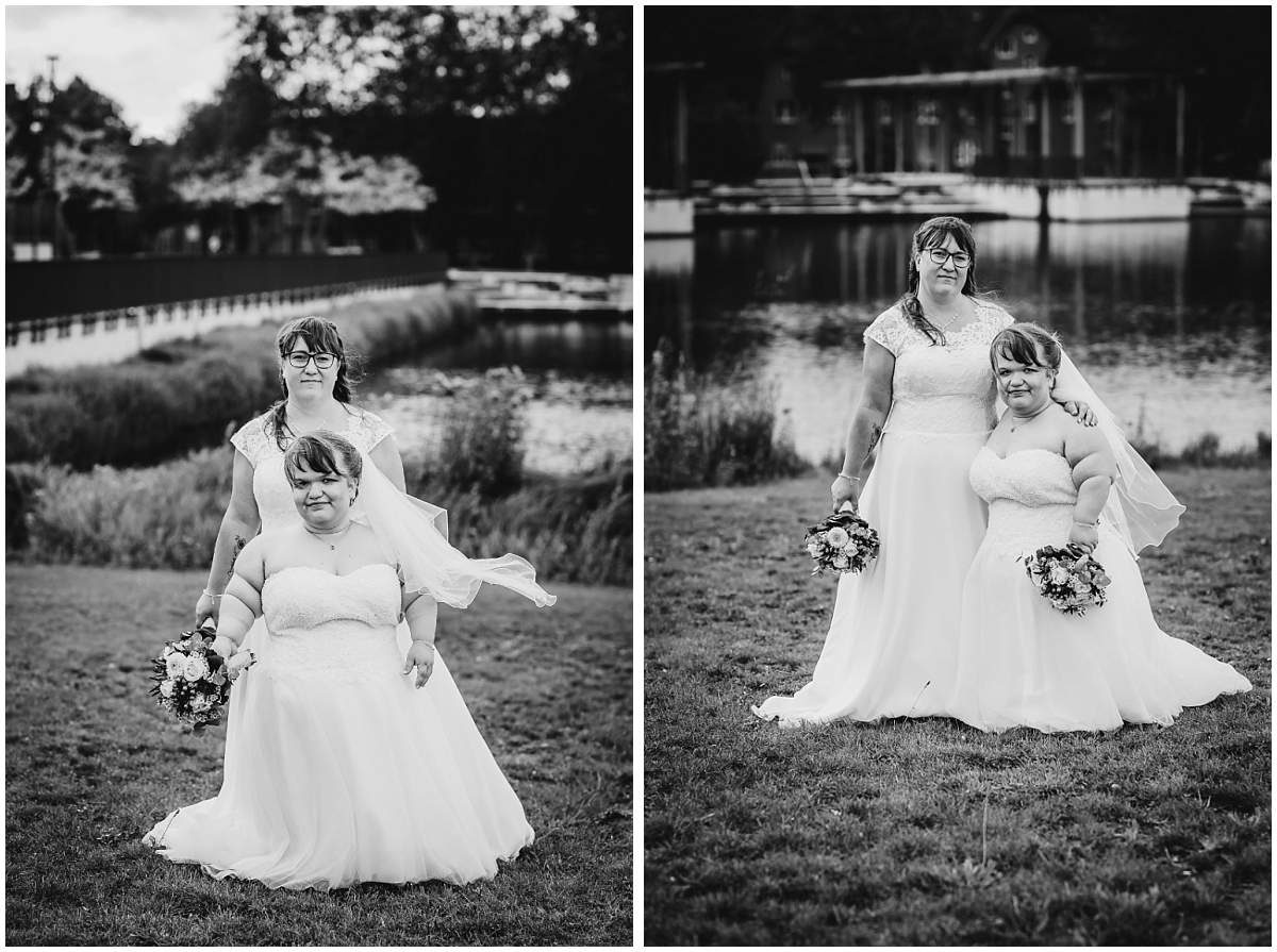 Hochzeitsfotograf Dinslaken Lesbische Hochzeit Frauenhochzeit gleichgeschlechtliche Ehe Brautpaarfotos zwei Bräute Bergpark Lohberg Dinslaken